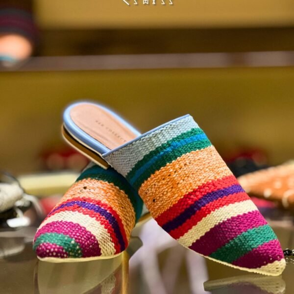Moroccan Boujad Fabric Basic Babouche Slippers, Multi Stripes