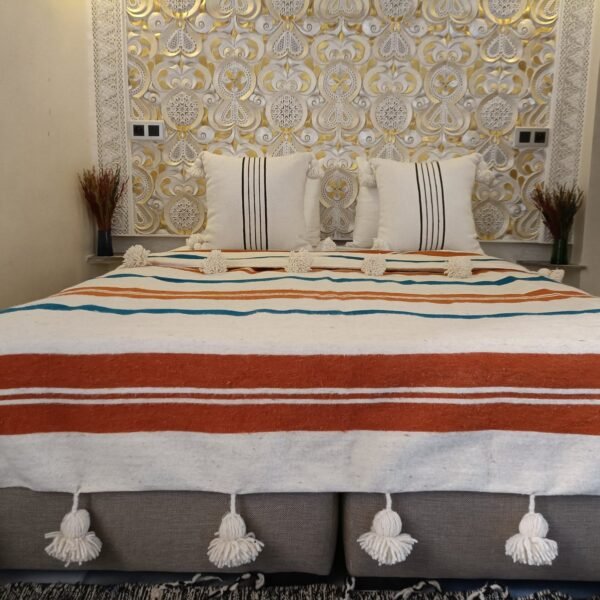 Moroccan Pom Pom Throw Blanket - Soft & Cozy Cotton Moroccan Pom Pom Blanket , King size blanket