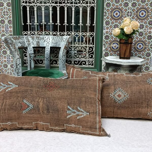 Two Large Brown Cactus Silk Cushions Cover