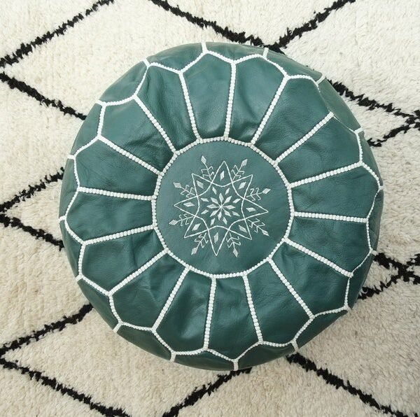 Green moroccan pouf, luxury ottomans footstools, Leather pouf