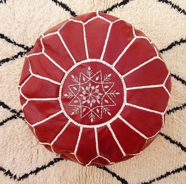 Stuffed Garnet Moroccan Leather Pouf