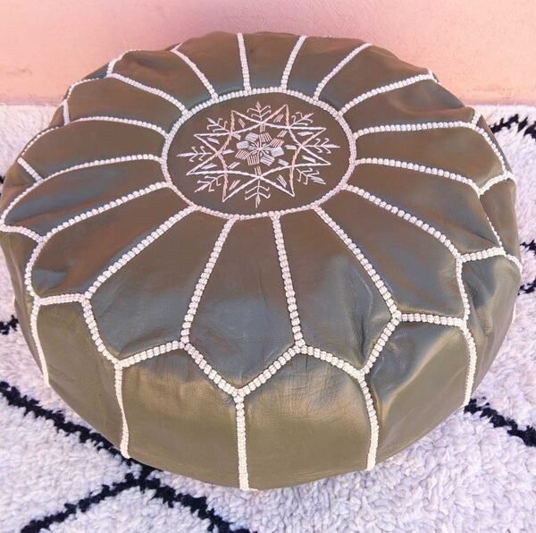 Stuffed Dark green leather pouf with Beige stitching ,Green moroccan pouf