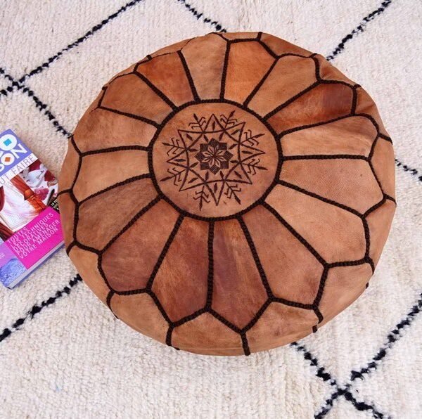 Moroccan Oil Leather Pouf - Handmade Genuine Leather