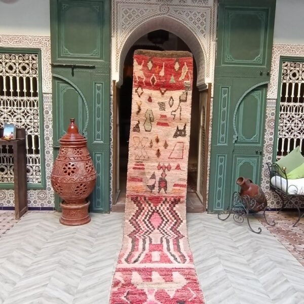 vintage Moroccan hallway, Berber vintage rug, old morocco hallway carpet 12.40 x 2.19 FT / 387 x 67 cm