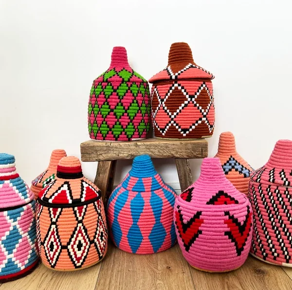 Colourful Vintage Moroccan berber straw bread basket