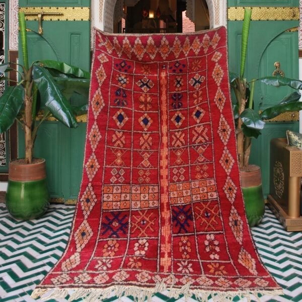 Atlas Bloom – Vintage Moroccan Boujad Rug in Vibrant Red & Jewel Tones 218 x 136 cm