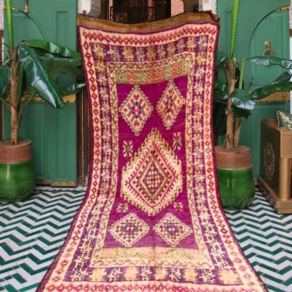 Royal Radiance – Vintage Moroccan Boujad Rug in Magenta & Gold 393 x 166 cm